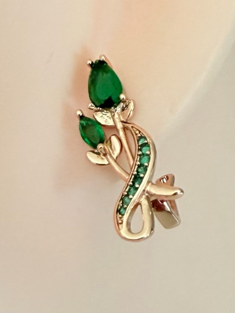 Gold-Tone Emerald Floral Green Stud Earrings. - Picture 3 of 6